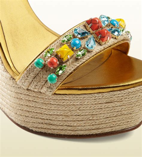 gucci carolina metallic leather espadrille wedge|gucci espadrille flat sale.